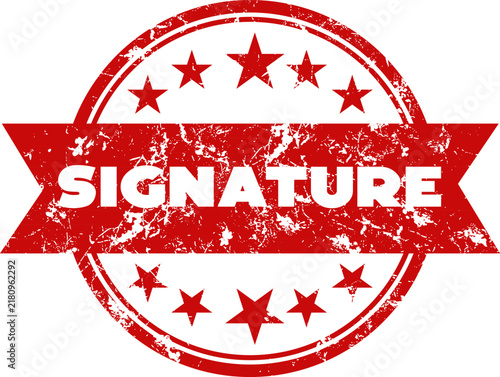 Red grunge rubber stamp with the word signature surrounded by stars and a ribbon banner design