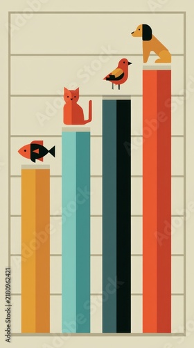 Colorful illustration of animal statistics with fish, cat, bird, and dog on bar graph