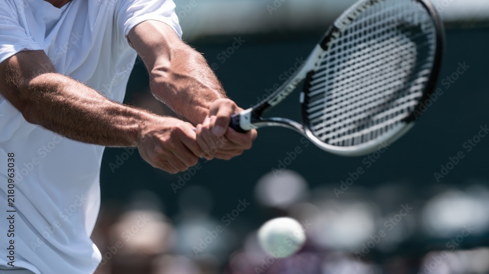 Obraz premium Male tennis player in white shirt swings racket to hit ball during match on outdoor court