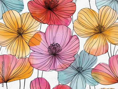 Colorful floral illustration featuring various flowers with detailed outlines on a textured background