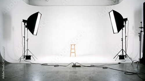 Professional photography studio setup with white backdrop and lighting equipment