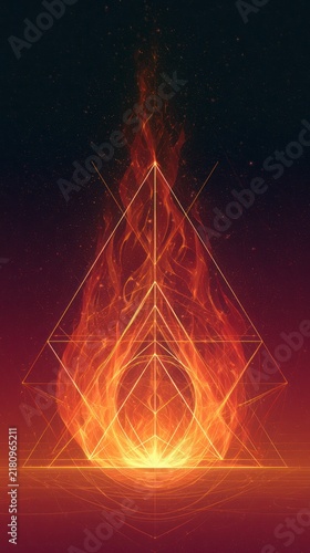 Abstract elemental illustration of fire signs featuring geometric flame patterns on a dark cosmic background.