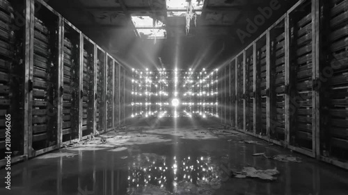 Black and white data center with glowing light matrix and server racks in dystopian environment