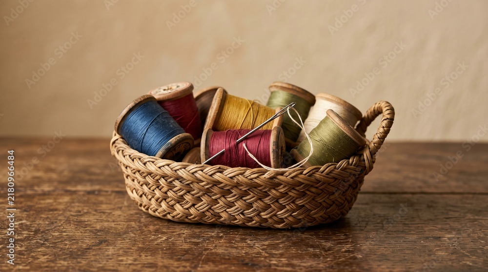 Obraz premium Vintage Wooden Thread Spools and Sewing Needle in Wicker Basket