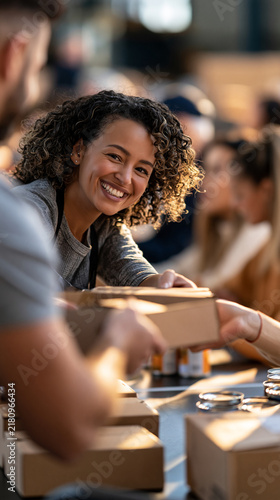 Over the shoulder view of smiling young volunteers handing meal boxes and canned goods to seated people at a bright clean distribution counter faces out of frame organized