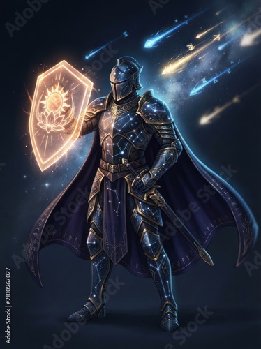 Knightly figure in ornate armor holding a glowing shield and sword, with celestial arrows in the background
