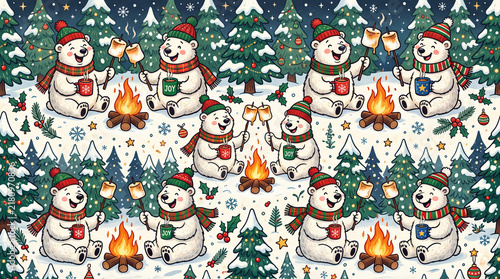 quirky cartoon style christmas wrapping paper pattern featuring goofy polar bears holding tiny warm coffee mugs and roasting giant marshmallows over small campfires in a snowy forest