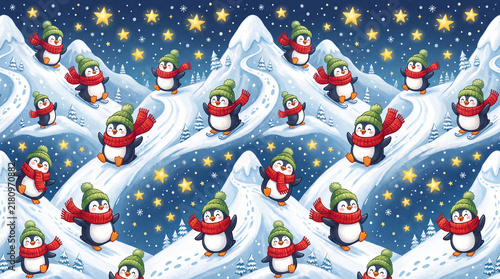 playful cartoon style christmas wrapping paper pattern showing dancing penguins wearing oversized red scarves and fuzzy green hats sliding down snowy mountains under bright yellow stars