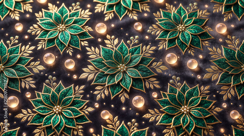 luxurious three dimensional christmas wrapping paper pattern of sparkling emerald poinsettias trimmed in bright gold foil with floating glowing orbs on a smooth charcoal velvet base