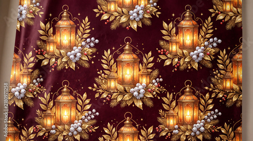 luxurious three dimensional christmas wrapping paper pattern of glowing amber lanterns surrounded by shimmering gold leaves and frosty white berries against a rich maroon background