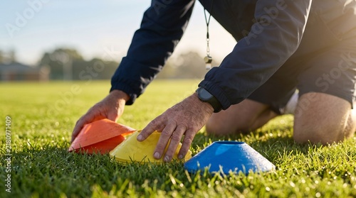 A coach arranges colorful training cones on a grassy field during a sunny day, preparing for an athletic practice.