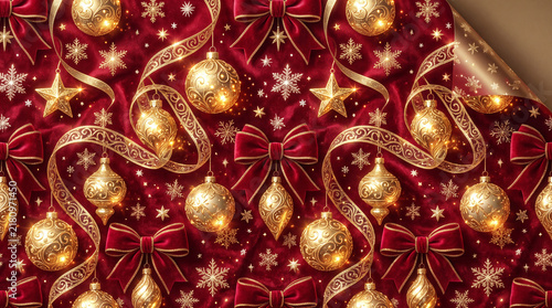 luxurious three dimensional christmas wrapping paper pattern with glowing golden ornaments shimmering metallic ribbons floating snowflakes and velvet bows over a rich crimson texture