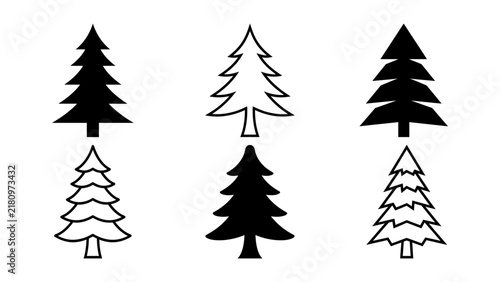 Set of six pine tree in black and white featuring various coniferous shapes and line styles for forest nature and winter holiday projects