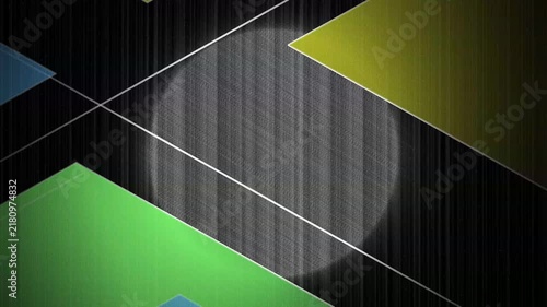 Abstract geometric background with vibrant colorful shapes and retro television signal static noise texture effect
