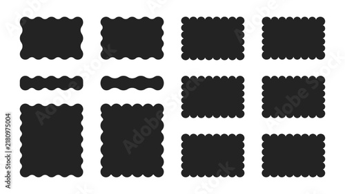 Set of black rectangular frames with scalloped edges and rounded corners in different sizes and proportions isolated on a white background