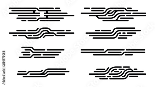 Set of eight abstract black line wave and flow on a white background, featuring horizontal parallel lines with smooth curves and varying thicknesses
