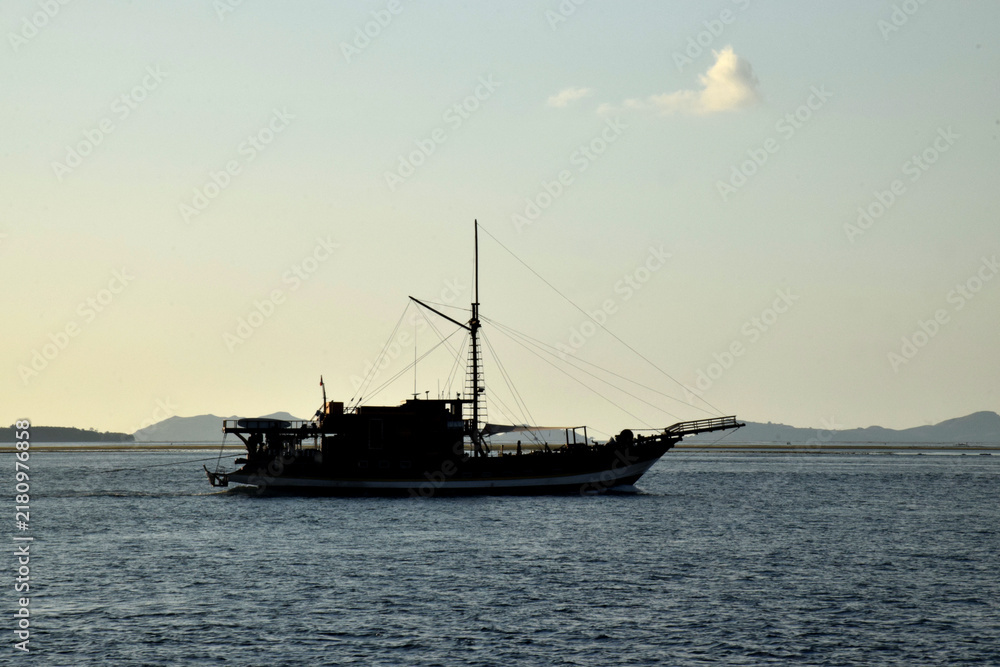 Fototapeta premium A Phinisi boat carrying tourists amidst the beautiful, rugged hills of the Komodo National Park area, Labuan Bajo, Indonesia