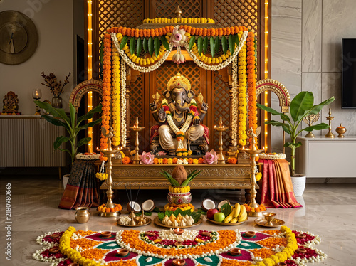 Decorated Ganesha Altar With Marigold Garlands, Rangoli and Offerings for Ganesh Chaturthi Puja Celebration
