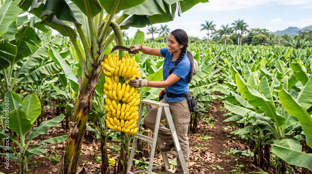 Obraz premium Female farmer harvesting yellow bananas on tropical plantation