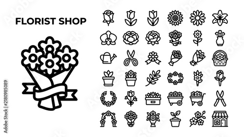 Floral Icons Collection: A comprehensive set of clean, stylized line art icons representing various floral elements, gardening tools, and shop imagery, perfect for florists and garden enthusiasts.