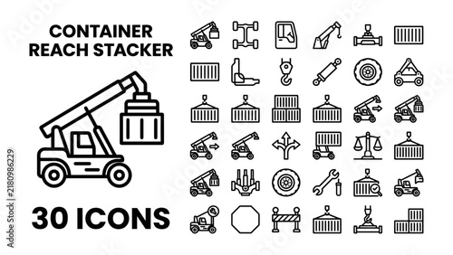 Container Reach Stacker Icon Set: A collection of 30 line art icons depicting a container reach stacker, shipping containers, and related port equipment, perfect for logistics and industrial design.