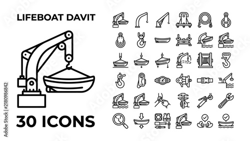 Lifeboat Davit Icons: A collection of 30 clean, vector line icons representing various aspects of lifeboat davits and related marine equipment, ideal for technical documentation or safety information.