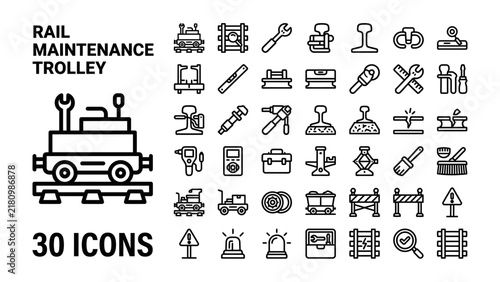 Rail Maintenance Trolley Icons: A collection of 30 line icons representing tools and equipment for railway maintenance, including trolleys, wrenches, and safety barriers.
