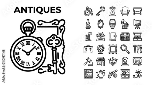 Antique icons collection: A collection of line art icons representing antique items, including a pocket watch, keys, furniture, and decorative objects.