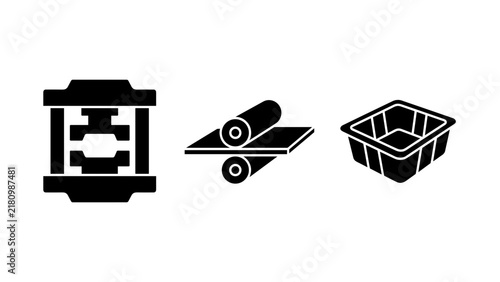 Industrial Plastic Thermoforming Silhouette Icons of Press Machine Sheet Roller and Molded Tray
