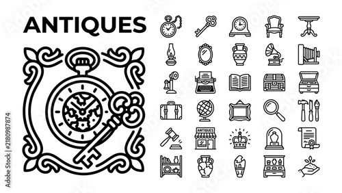 Bild auf Leinwand Antique Collection Icons: A compilation of line art icons representing antique items and related concepts, from pocket watches and keys to furniture and historical artifacts