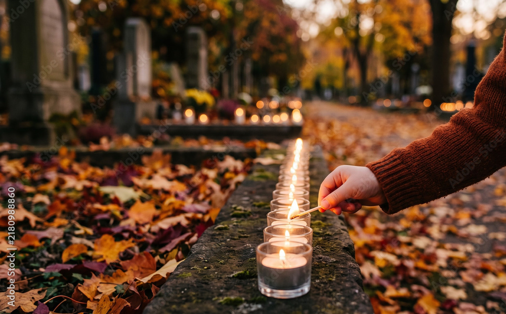 Obraz premium Person lighting candles on graves at a cemetery in autumn representing remembrance and grief