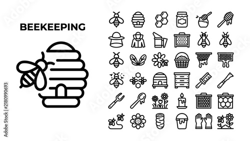 Beekeeping Icons Set: A comprehensive collection of linear icons illustrating various aspects of beekeeping, including bees, hives, honey, and beekeeping tools, presented on a clean background.