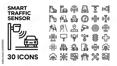 Smart Traffic Sensor Icon Set: A collection of 30 clean, modern line icons representing smart traffic systems, sensors, and related technology.