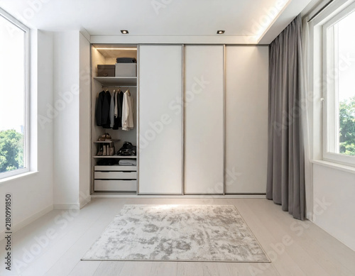 Modern white bedroom wardrobe with open clothing storage, gray curtains, windows, and patterned rug creating bright minimalist interior