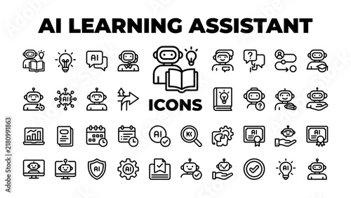 AI Learning Assistant Icons: A collection of clean, modern line art icons representing artificial intelligence and learning concepts. Perfect for tech, education, or business presentations.