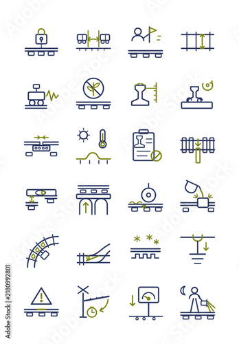 Railway permanent way track maintenance icon set: track possession, track geometry recording, rail grinding, rail welding, turnout point inspection, editable stroke, isolated on transparent background