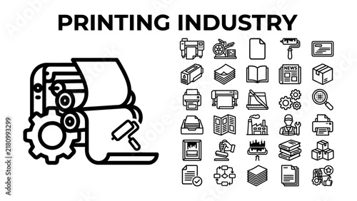 Printing Industry Icons: A comprehensive collection of line art icons representing the diverse processes and equipment within the printing industry, from machines to finished products.