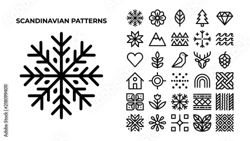 Scandinavian Geometric Patterns: A collection of minimalist Scandinavian-inspired icons and patterns, featuring snowflakes, natural elements, and abstract designs.
