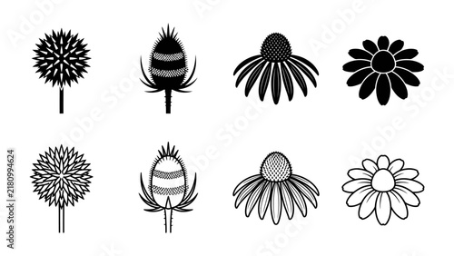 Botanical Icons Set: A collection of stylized, monochrome illustrations representing various floral elements, offering a versatile graphic resource for design.