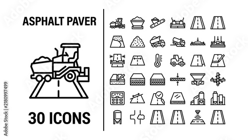 Obraz na płótnie Asphalt Paver Icons: A collection of 30 line icons representing various aspects of asphalt paving and road construction, including pavers, trucks, and road sections