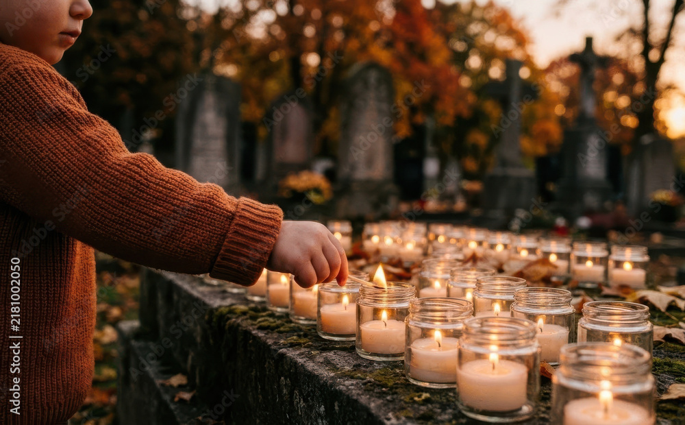 Obraz premium Young boy lighting candles in memory at a cemetery during autumn for remembrance and grief support