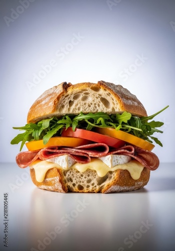 A gourmet rustic sandwich featuring thick crusty bread, melted soft cheese, fresh arugula, sliced heirloom tomatoes, and savory cured meat, fresh, salt, deli