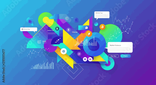 Abstract geometric web design layout with vibrant blue and purple gradient background, modern ui elements, business infographic shapes, colorful 3d triangles, vector background template
