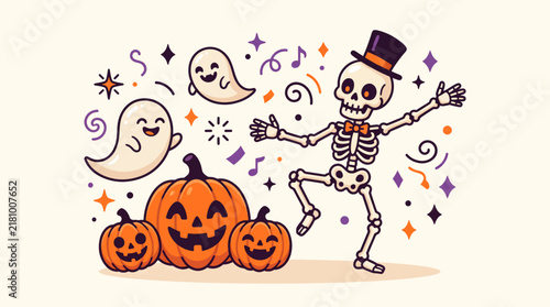 Skeleton Dancing Beside Pumpkin Vector