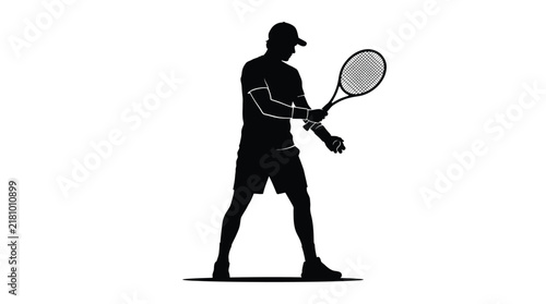 Male tennis player silhouette holding racket and ball in ready position on white background