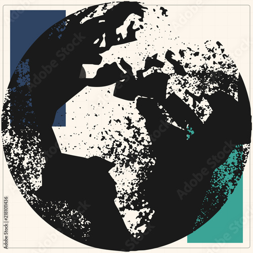 Weathered globe in grunge stencil style, Earth centered on Africa and Europe. Distressed speckled textures, navy and teal blocks, and halftone noise give this Mother Earth vector a gritty retro cartog