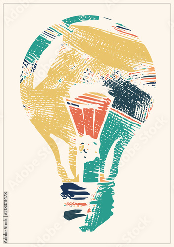 Gritty light bulb cutout classic bright idea symbol in distressed riso print texture with mustard, teal, and navy strokes. Sketchy bulb silhouette celebrates creativity and invention with ha