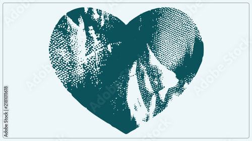Konstfotografi Weathered valentine heart, classic ticker and sweetheart emblem, in grunge halftone dots and scratched ink