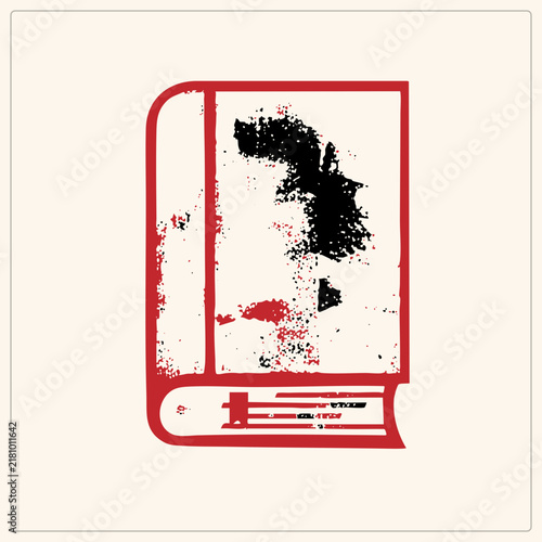 Konstfotografi "A worn grunge stencil hardcover codex with a red cover and spine, splattered with ink stains