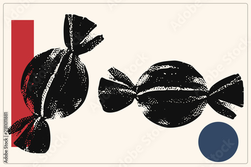 Two wrapped bonbons in textured halftone linocut style sit on cream background with red bar and navy circle accents. Crinkled twist ends evoke nostalgic confectionery charm.